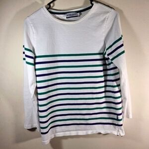 Wimbledon Womens White Blue & Green Striped Boat Neck Long Sleeve Sweater Size M